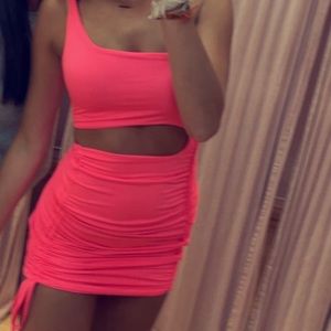 Open stomach one shoulder dress hot pink